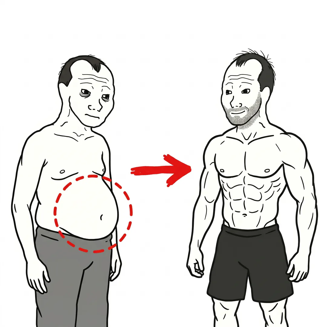 Chevy before, shirtless with his belly circled in red, and after, with visible abs and broad shoulders