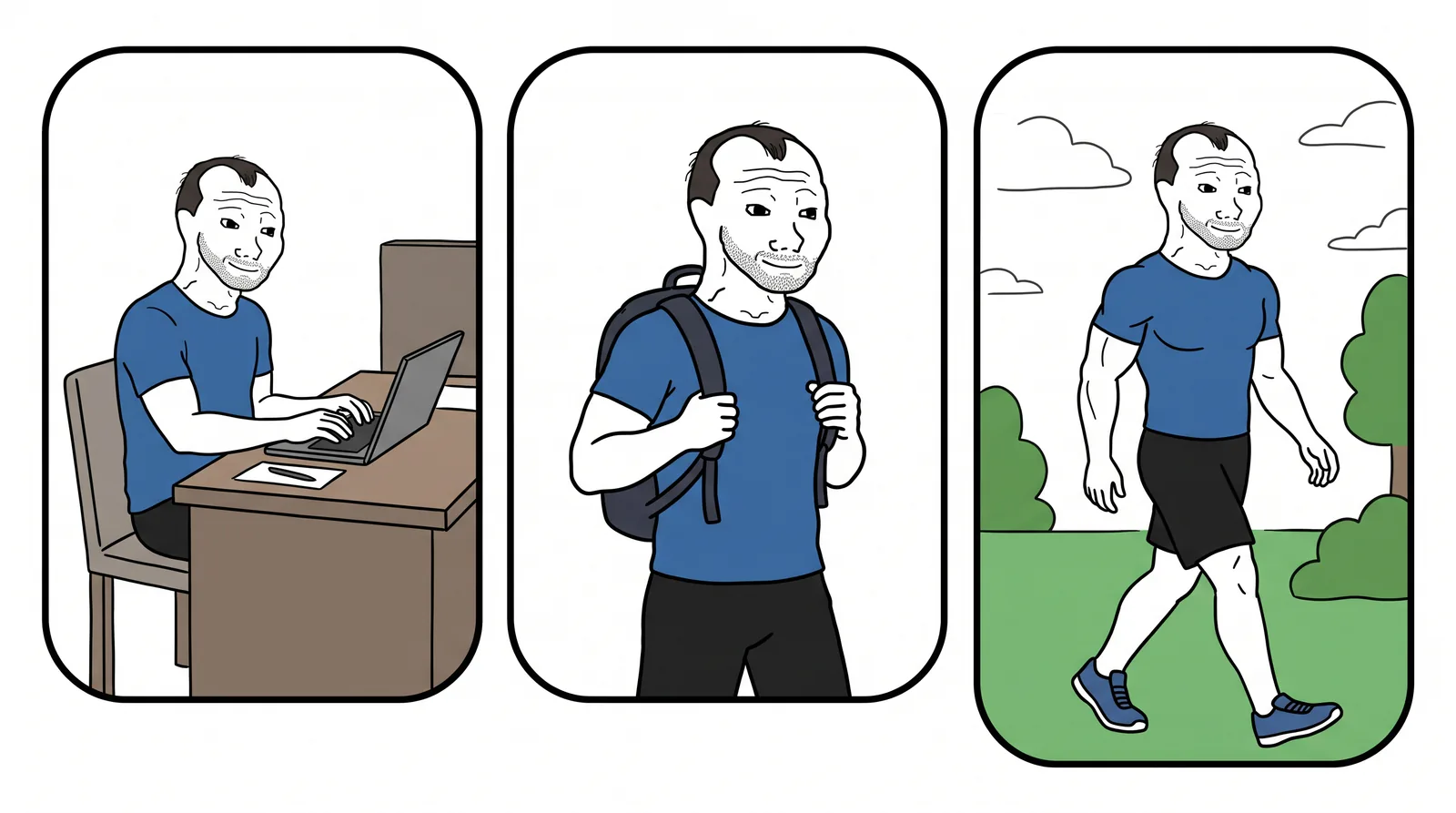 Aesthetic Chevy in three scenes: working on a laptop, with a student backpack and walking outdoors