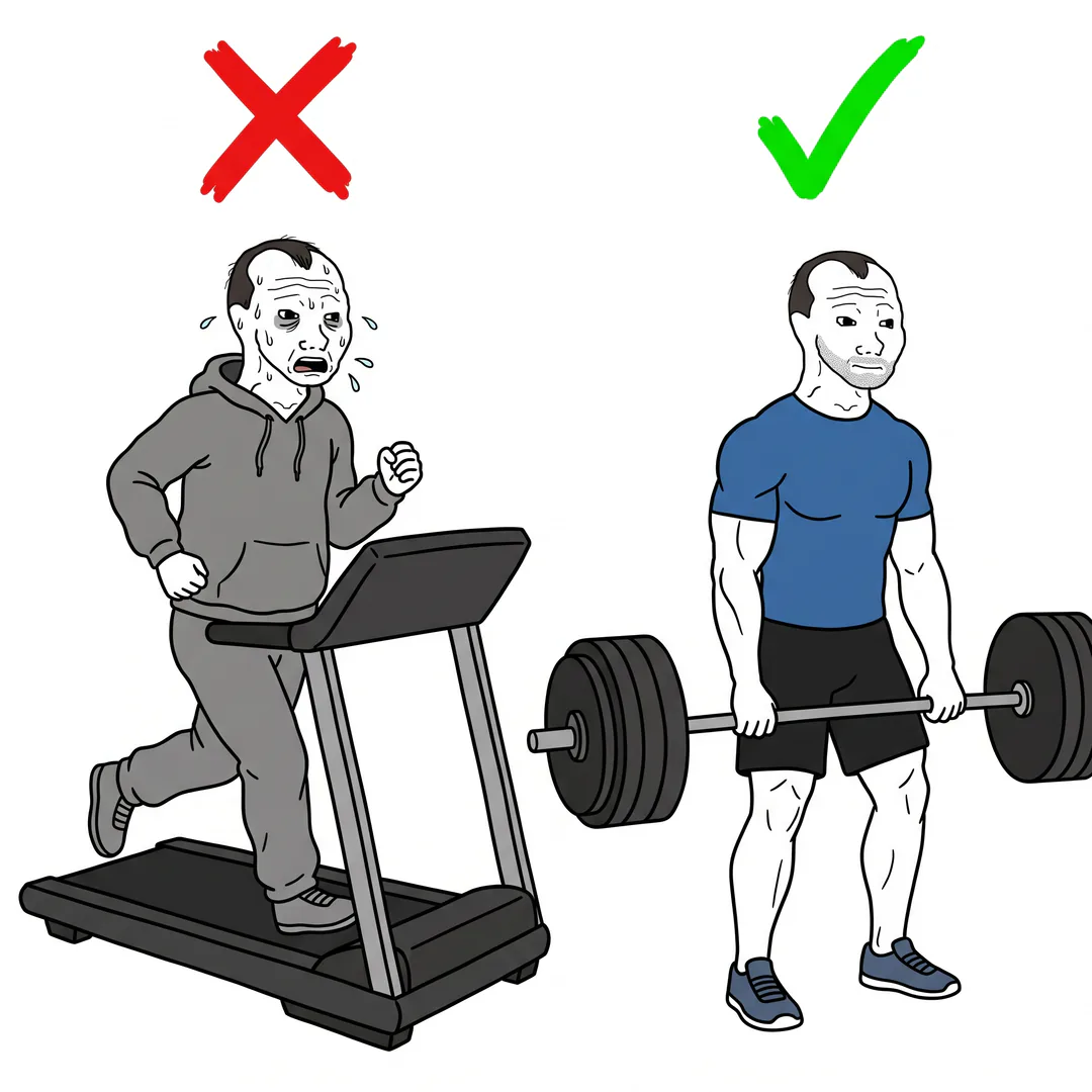 Before Chevy exhausted on a treadmill with a red X, and aesthetic Chevy lifting a barbell with a green check