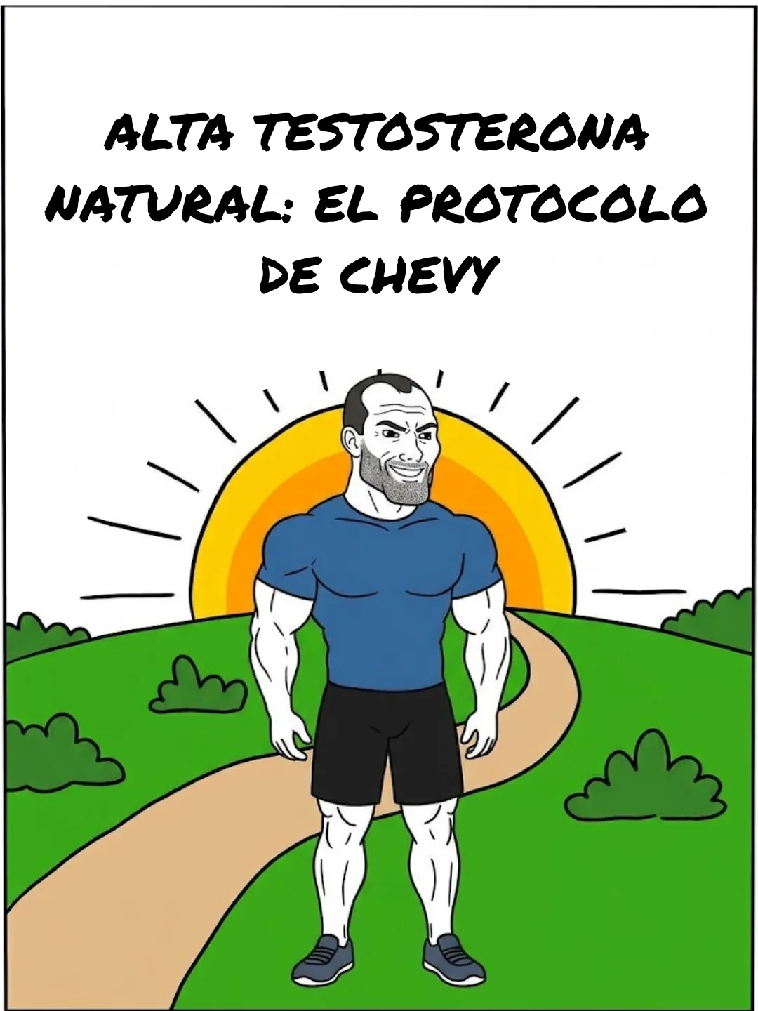 Portada de «Alta Testosterona Natural: El Protocolo de Chevy», con Chevy de camiseta azul frente a un sol