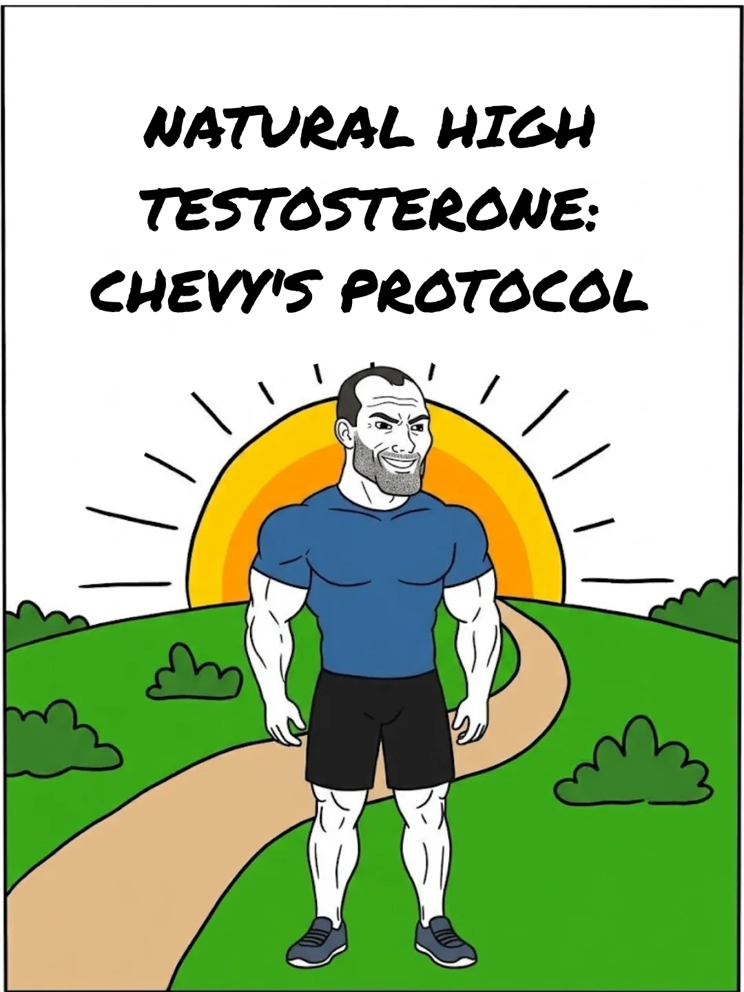 Cover of “Natural High Testosterone: Chevy’s Protocol”, with Chevy in a blue tee in front of a rising sun
