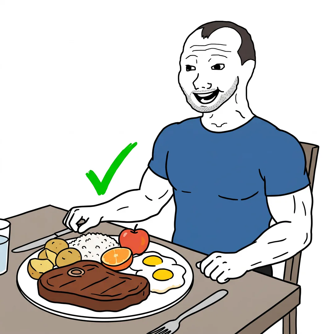 Aesthetic Chevy smiling at a plate of steak, rice, potatoes, eggs and fruit, with a green check