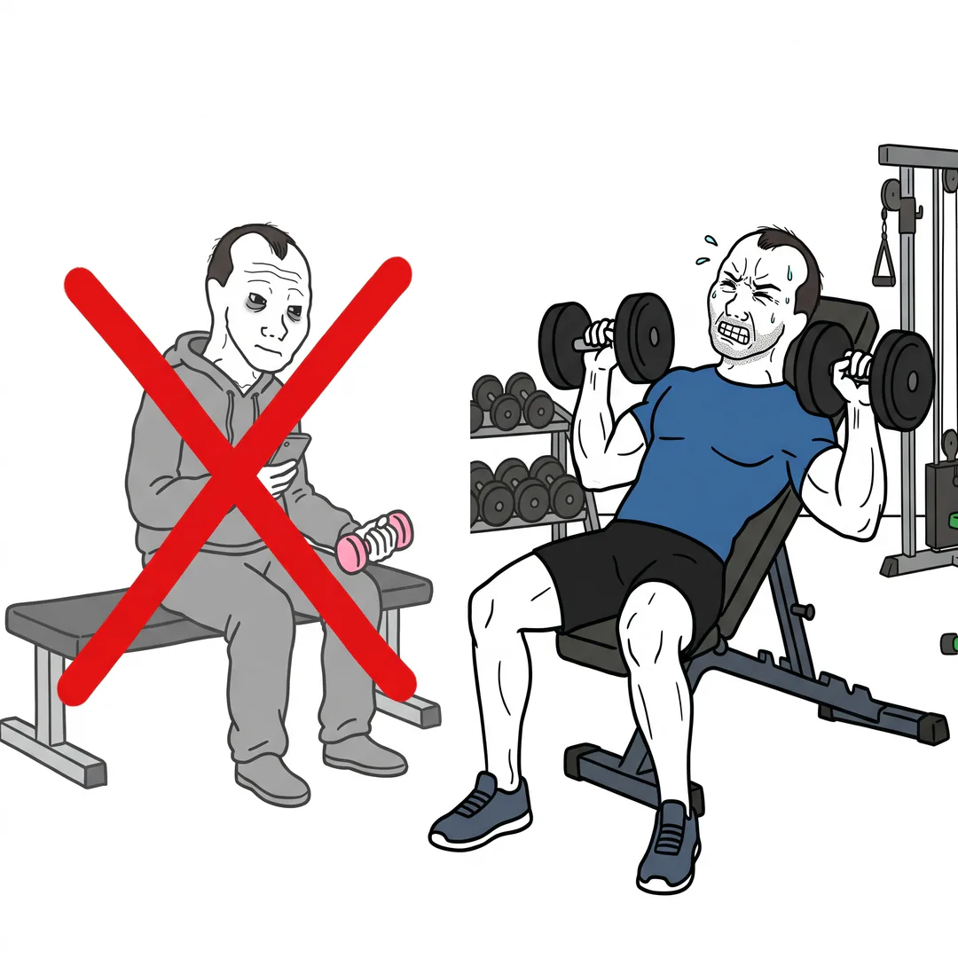 Aesthetic Chevy pushing hard on an incline dumbbell press; before Chevy with tiny dumbbells crossed out in red