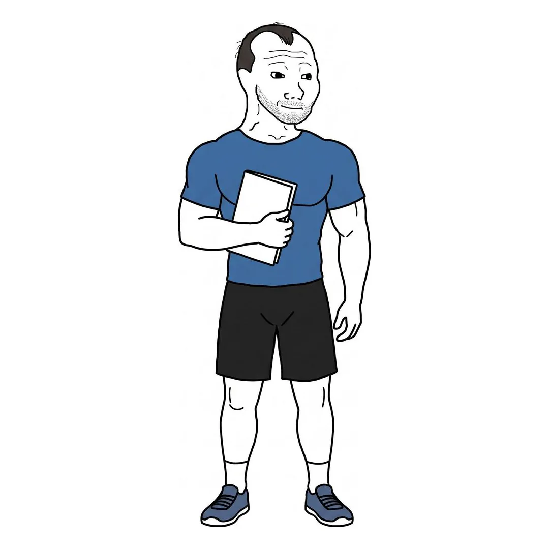 Chevy after the plan, in a blue tee, black shorts and blue sneakers, holding the guide