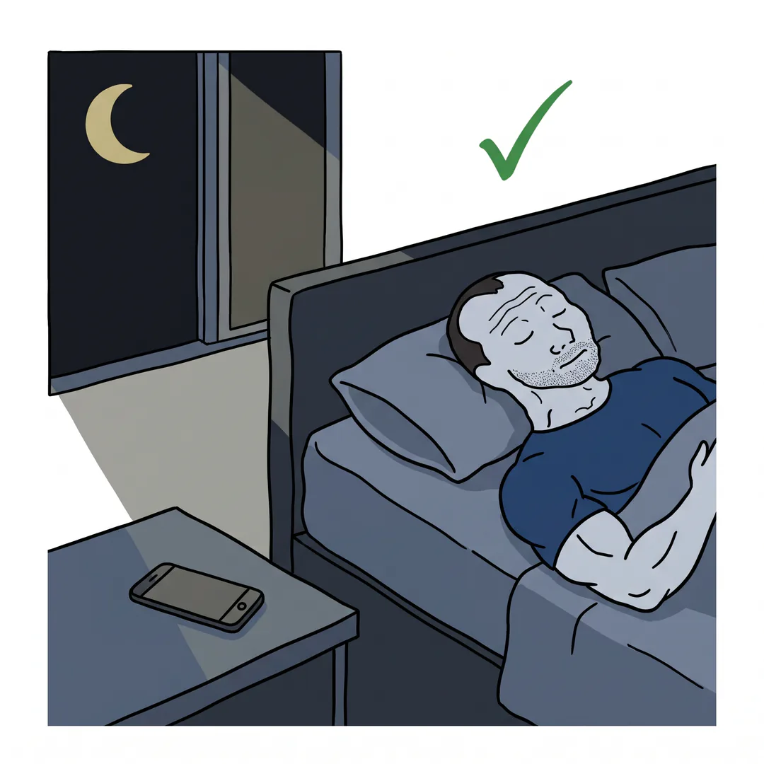 Chevy sleeping peacefully in a dark room, the moon in the window and his phone face down away from the bed