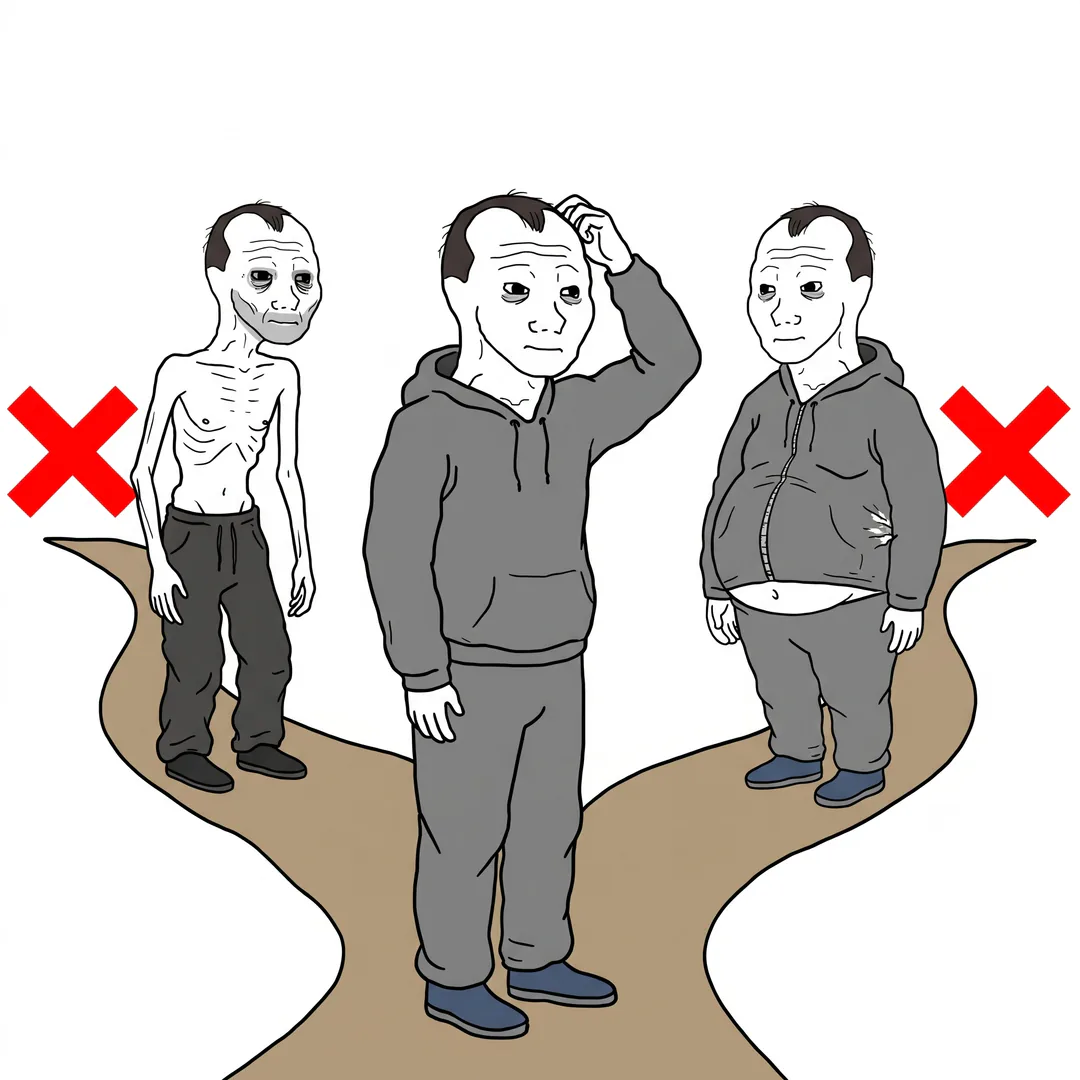 Skinny fat Chevy in a gray hoodie scratching his head at a fork: both paths, skin and bones or fatter, have a red X